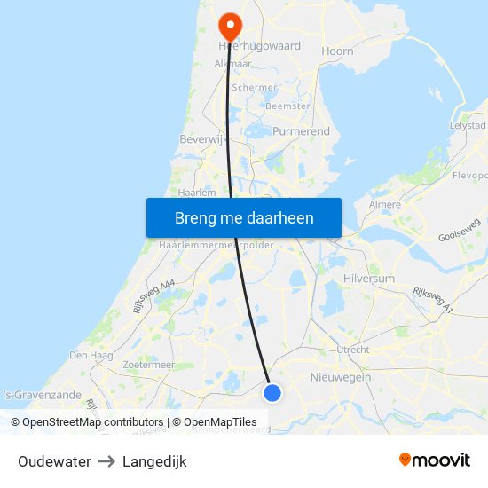 Oudewater to Langedijk map