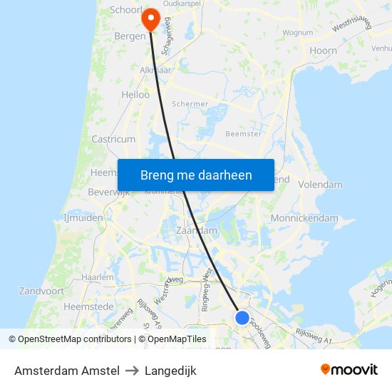 Amsterdam Amstel to Langedijk map