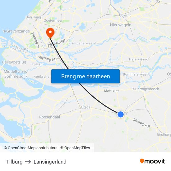 Tilburg to Lansingerland map