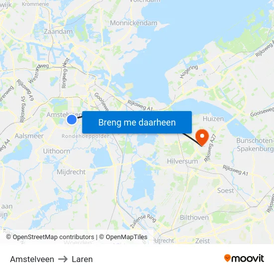 Amstelveen to Laren map