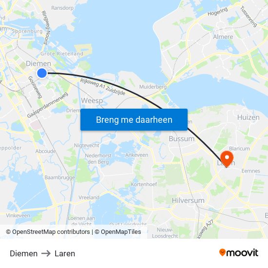 Diemen to Laren map