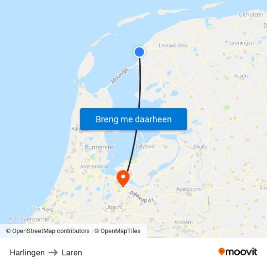 Harlingen to Laren map