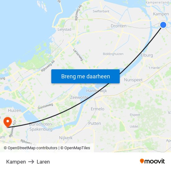 Kampen to Laren map