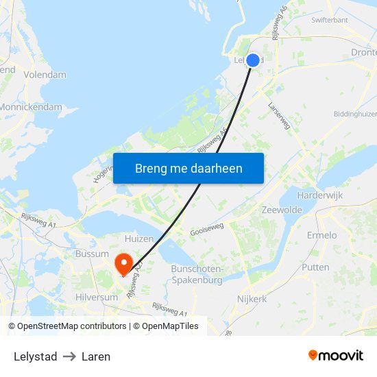 Lelystad to Laren map