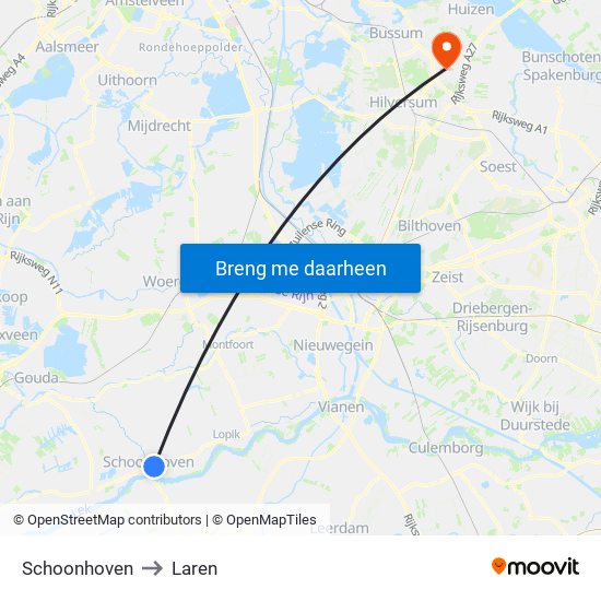 Schoonhoven to Laren map