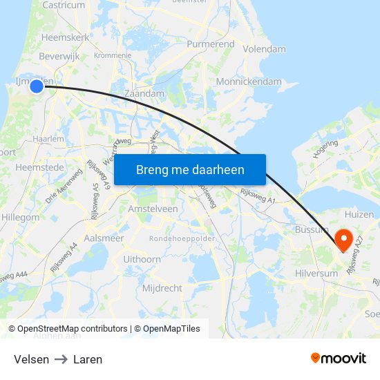 Velsen to Laren map