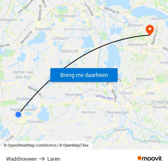 Waddinxveen to Laren map