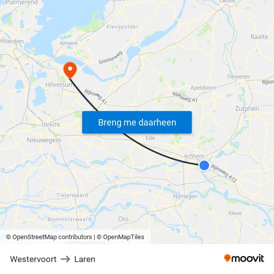Westervoort to Laren map