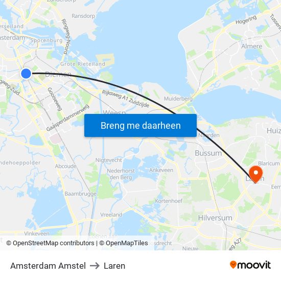 Amsterdam Amstel to Laren map