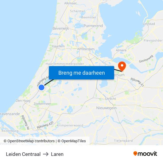 Leiden Centraal to Laren map