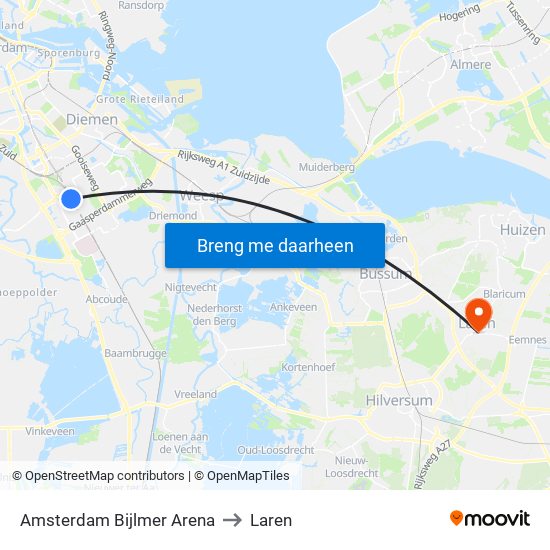 Amsterdam Bijlmer Arena to Laren map