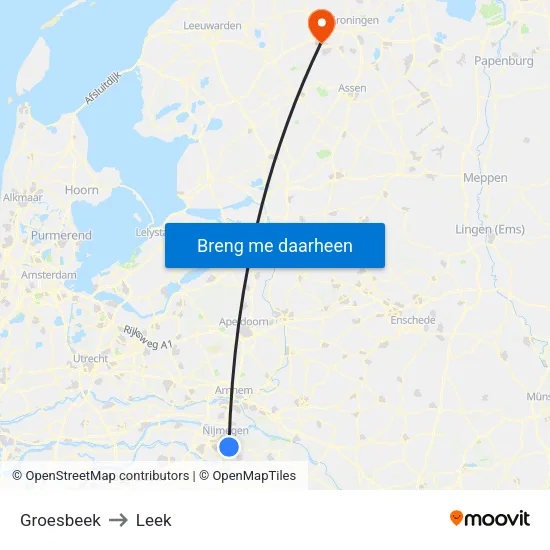 Groesbeek to Leek map