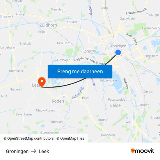 Groningen to Leek map