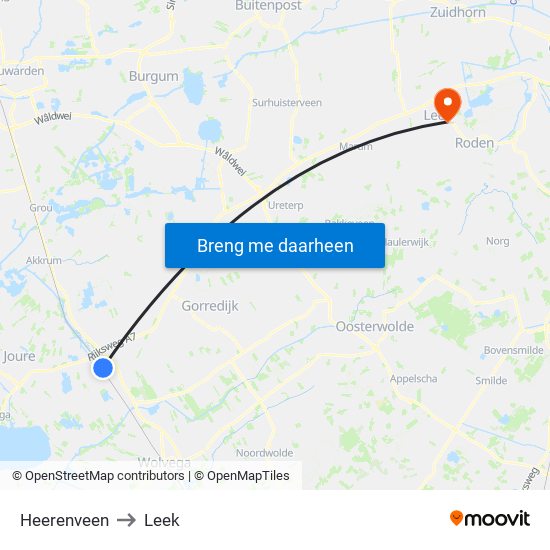 Heerenveen to Leek map