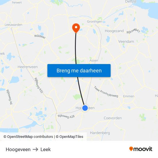 Hoogeveen to Leek map