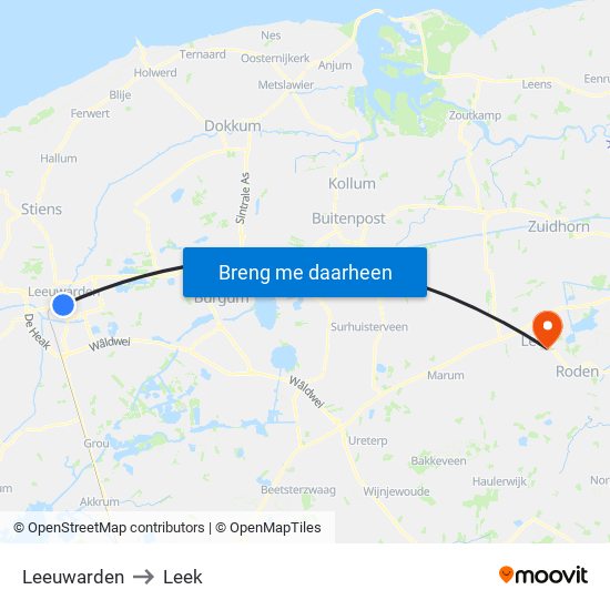 Leeuwarden to Leek map