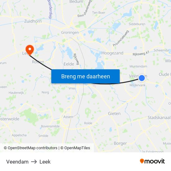 Veendam to Leek map