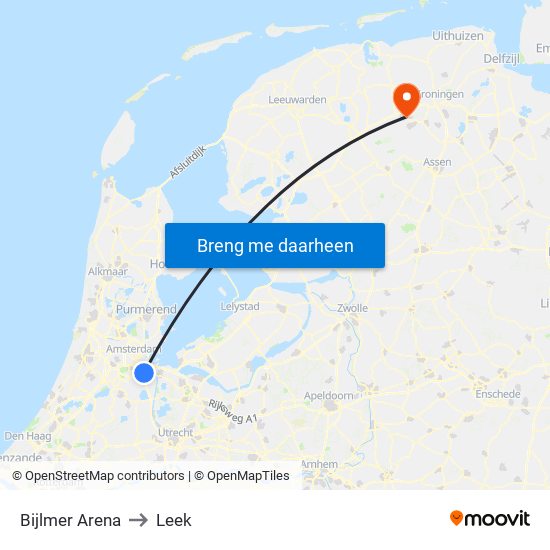 Bijlmer Arena to Leek map