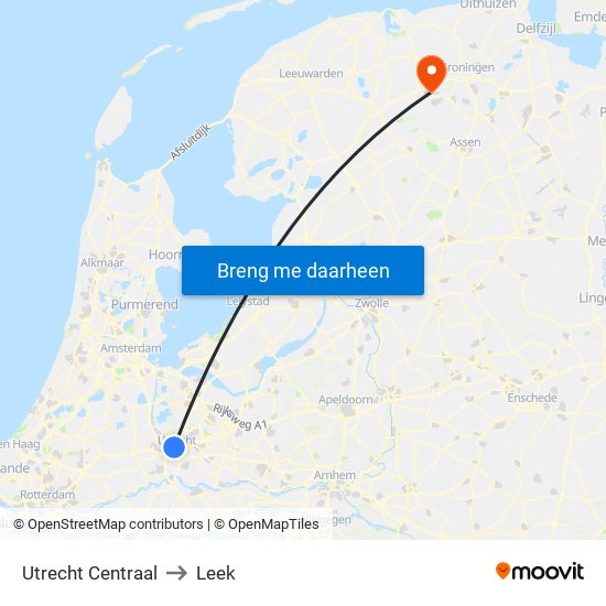 Utrecht Centraal to Leek map