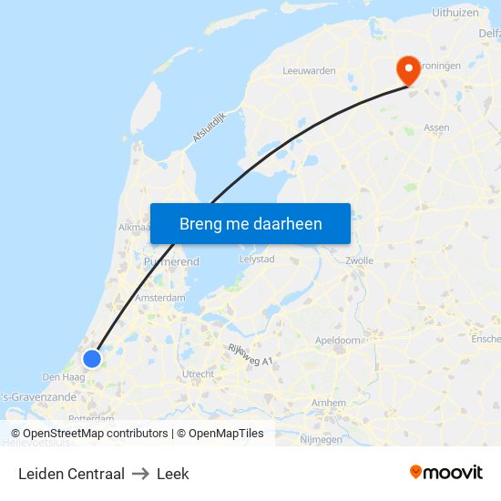 Leiden Centraal to Leek map