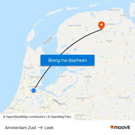 Amsterdam Zuid to Leek map