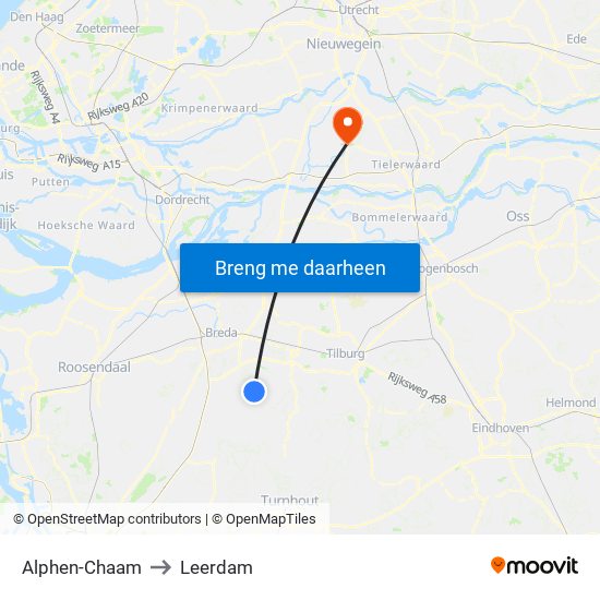 Alphen-Chaam to Leerdam map