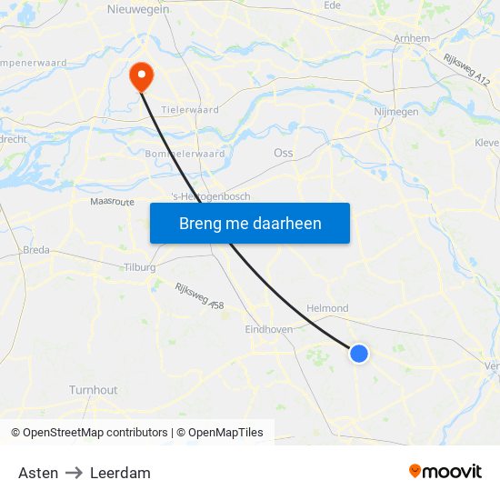 Asten to Leerdam map