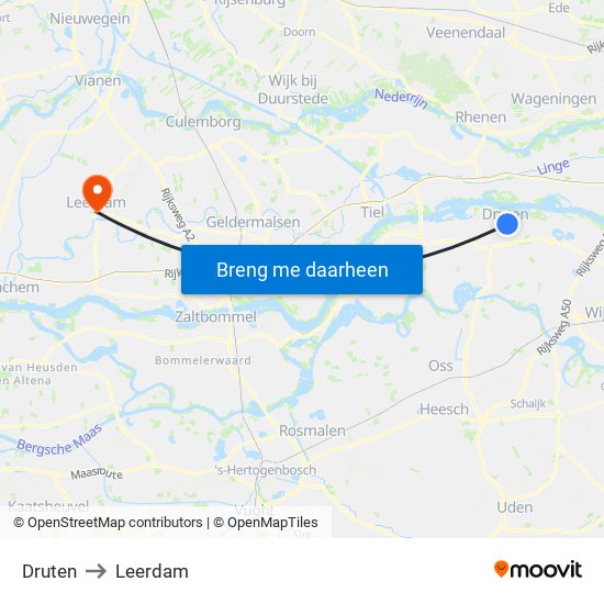 Druten to Leerdam map