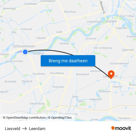 Liesveld to Leerdam map