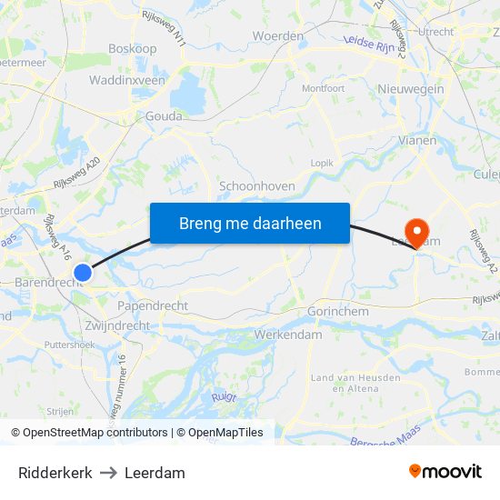Ridderkerk to Leerdam map