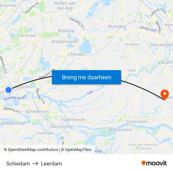Schiedam to Leerdam map
