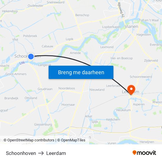Schoonhoven to Leerdam map
