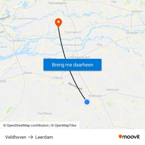 Veldhoven to Leerdam map