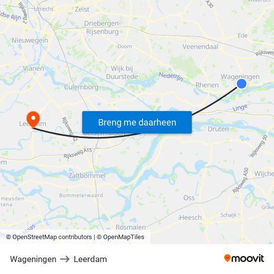 Wageningen to Leerdam map