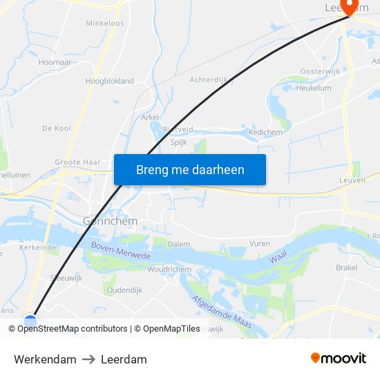 Werkendam to Leerdam map