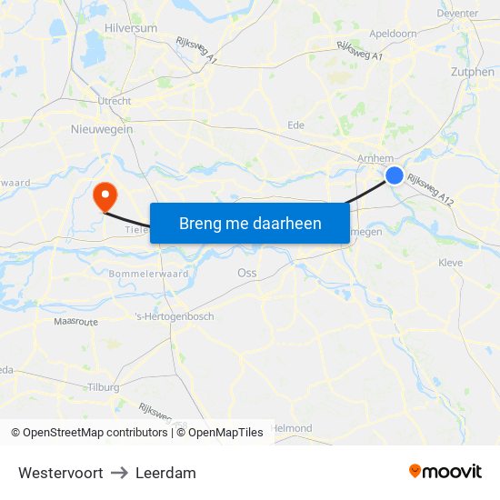 Westervoort to Leerdam map