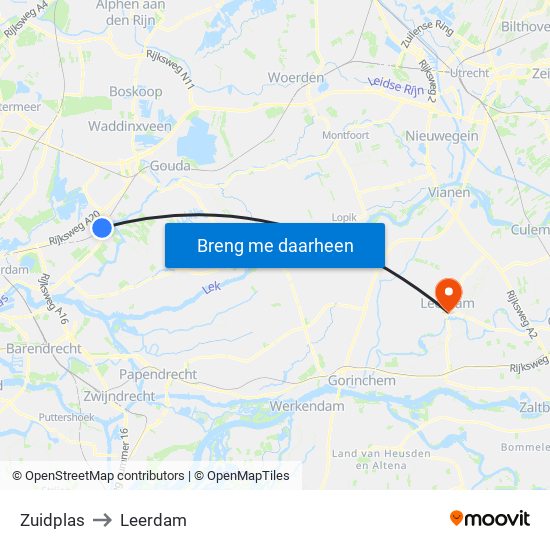 Zuidplas to Leerdam map