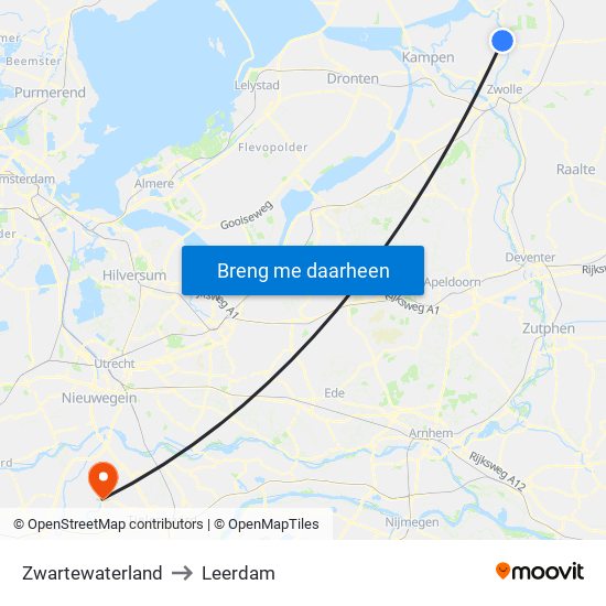 Zwartewaterland to Leerdam map