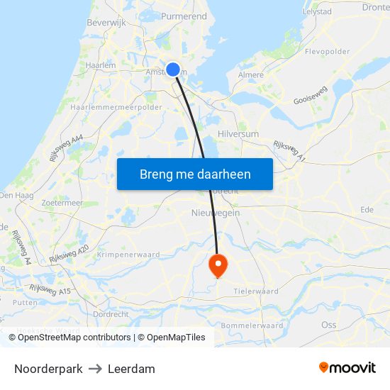 Noorderpark to Leerdam map