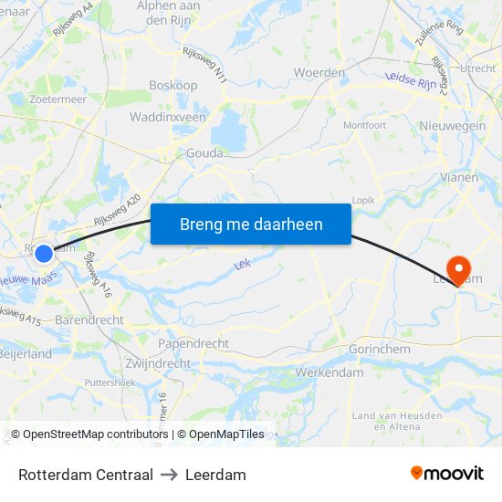 Rotterdam Centraal to Leerdam map