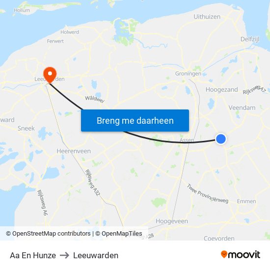 Aa En Hunze to Leeuwarden map