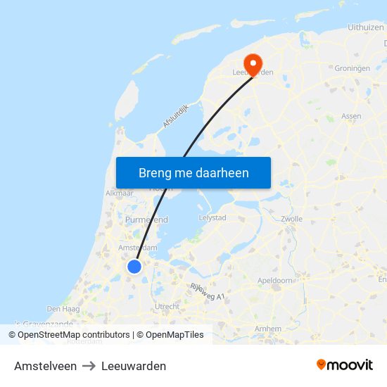 Amstelveen to Leeuwarden map