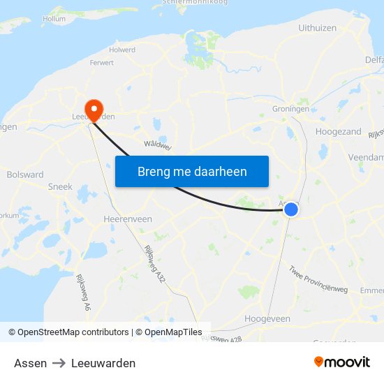 Assen to Leeuwarden map