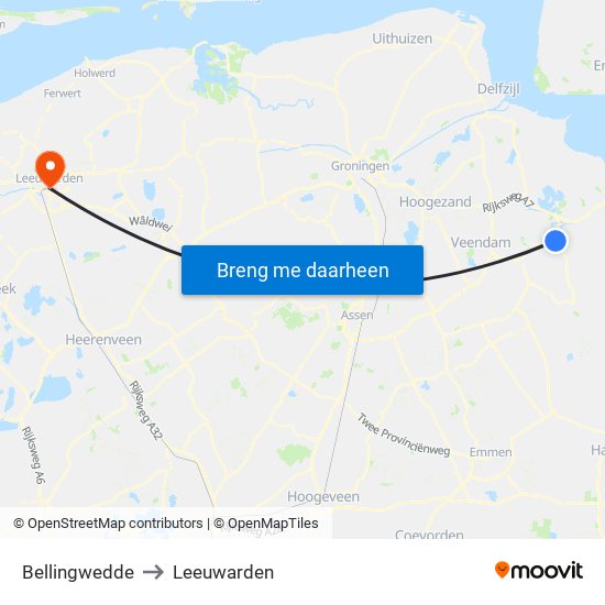 Bellingwedde to Leeuwarden map