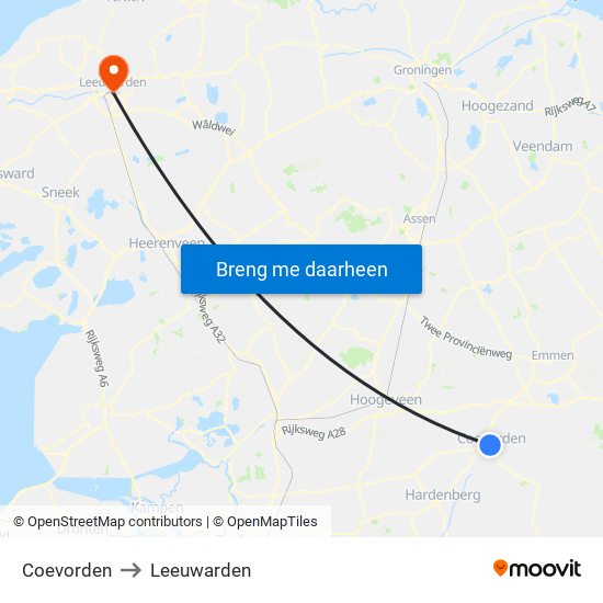 Coevorden to Leeuwarden map