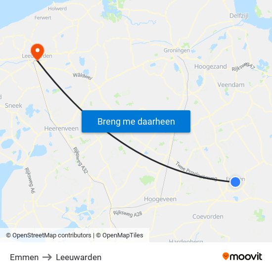 Emmen to Leeuwarden map