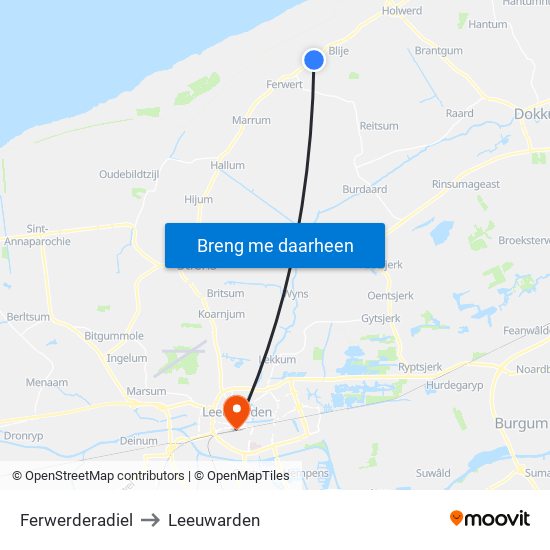 Ferwerderadiel to Leeuwarden map