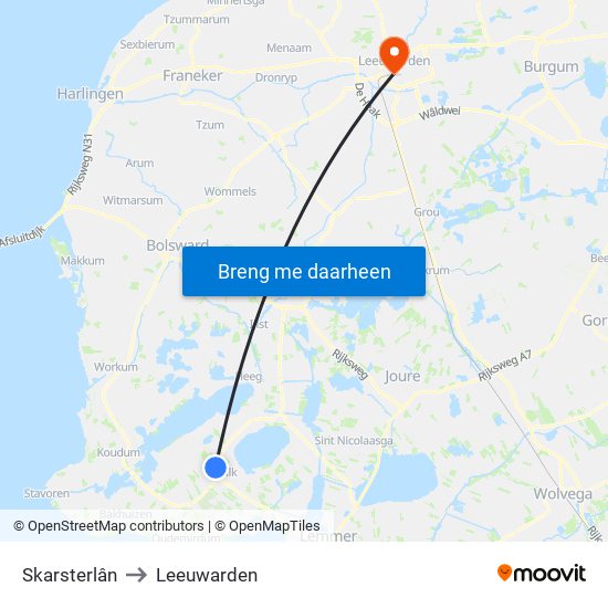 Skarsterlân to Leeuwarden map