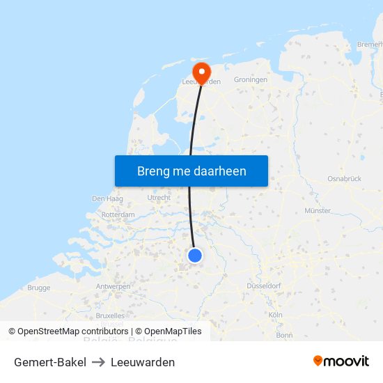 Gemert-Bakel to Leeuwarden map