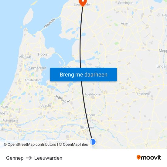 Gennep to Leeuwarden map